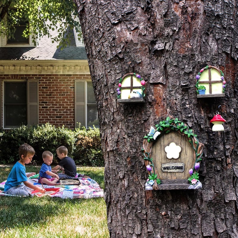 IMOFEE Fairy Door and Windows Garden Kit Accessories Outdoor, Glow in Dark Gnome House for Tree, Lawn Yard Art Sculpture, Miniature Garden Decor (Butterfly) - Image 3